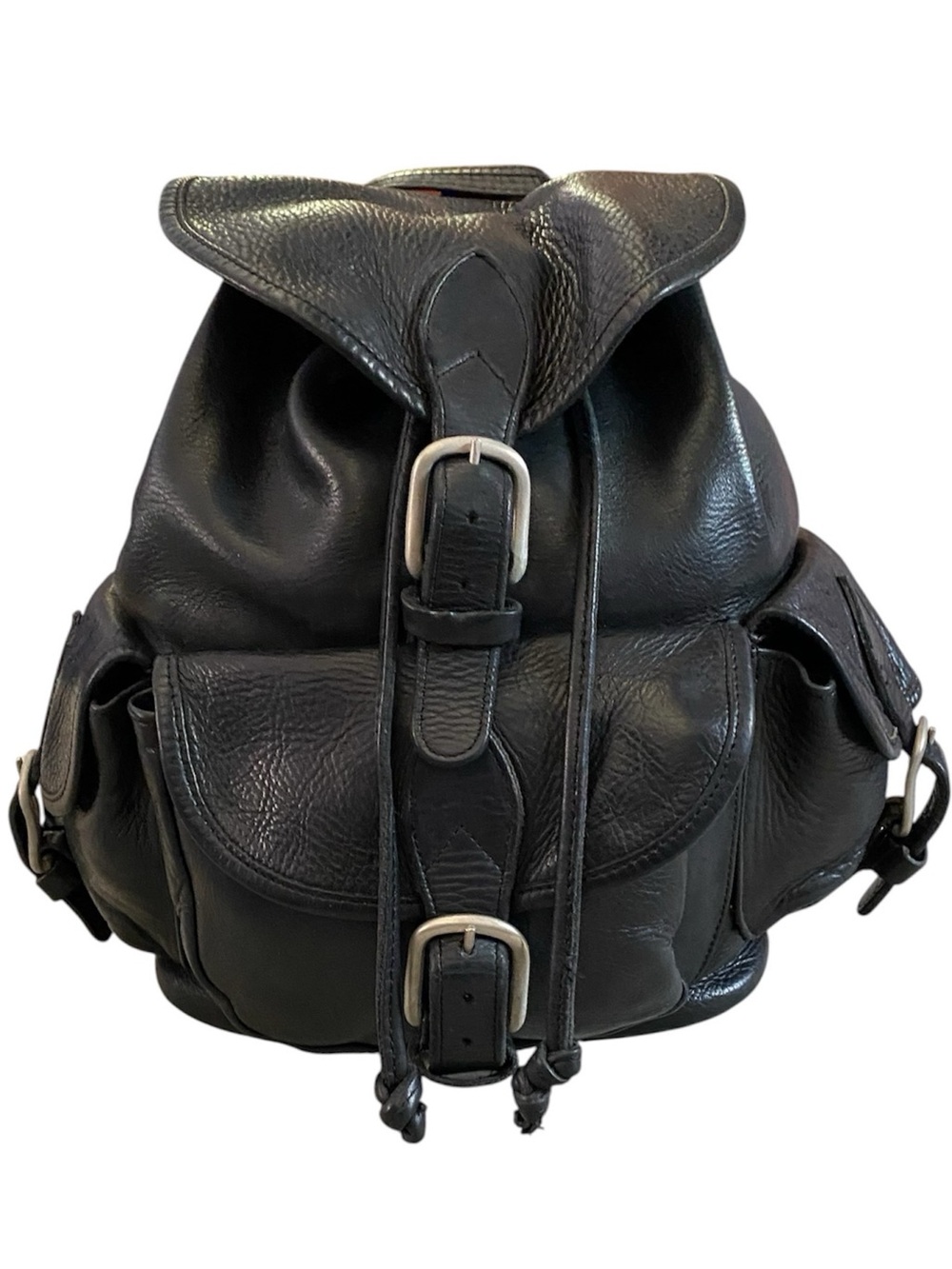Vintage genuine pebble leather 3 pocket black drawstring backpack-Unisex